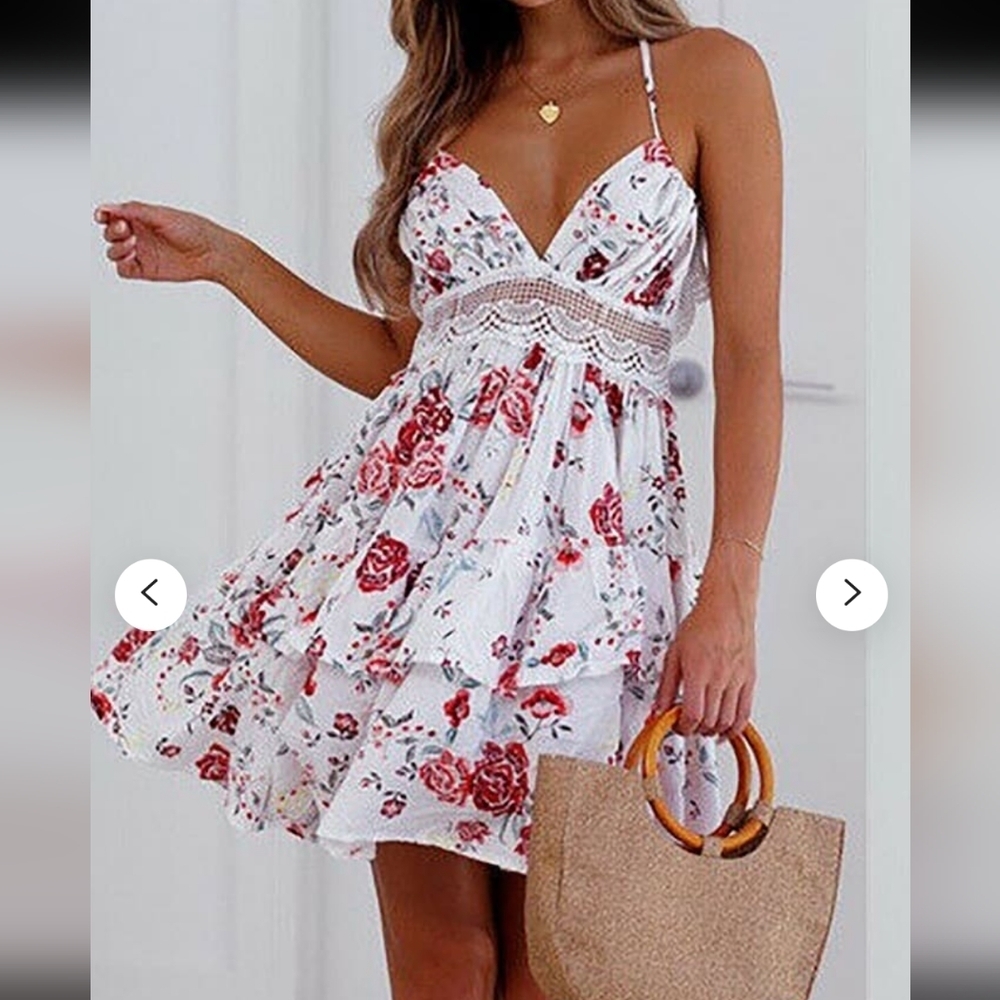 CBR FLORAL BACKLESS TIERED RUFFLE MIDI HALTER DRESS W PEEK A BOO LACE MIDDLE SM